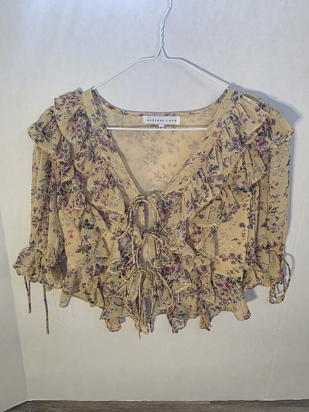 Endless Rose Floral Ruffle Tie-Front Crop Top in Mustard